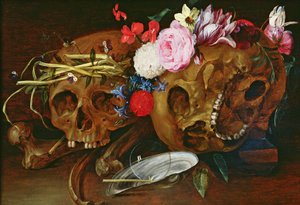 Vanitas Stillleben mit Schädeln, Blumen, einer Perlmuschelschale, einer Blase und einem Strohhalm